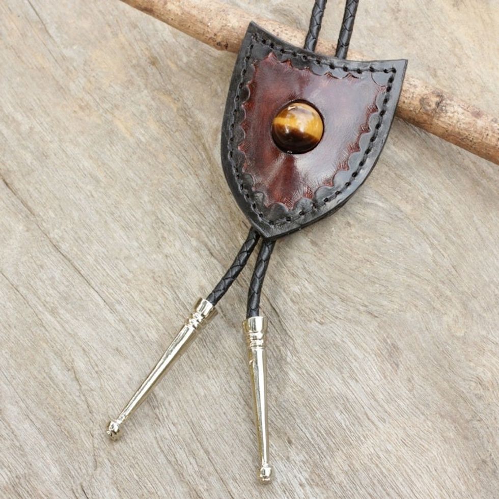 Brown Leather Artisan Crafted Bolo Tie with Tiger's Eye 'Earth Shield'