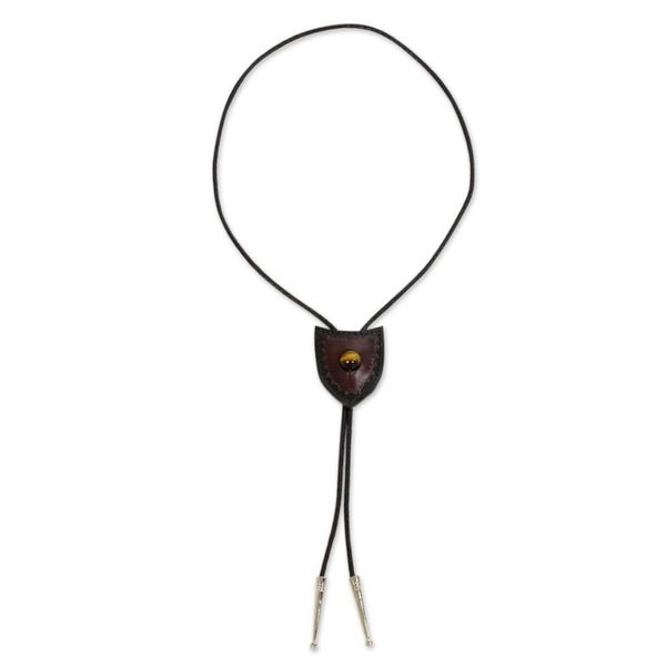 Alternate image for Brown Leather Artisan Crafted Bolo Tie with Tigers Eye Earth Shield