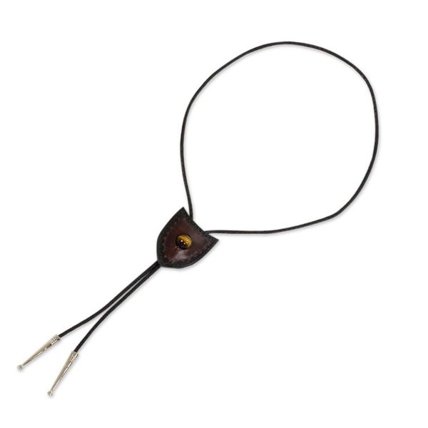 Alternate image for Brown Leather Artisan Crafted Bolo Tie with Tigers Eye Earth Shield