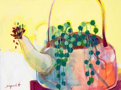 Alternate image for Still Life with Teakettle and Flowers from Thailand Orange Pot