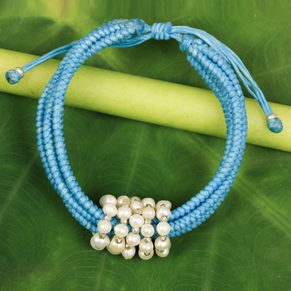 Sky Blue Cord Bracelet with Cultured Pearls from Thailand 'All My Love in Sky Blue'