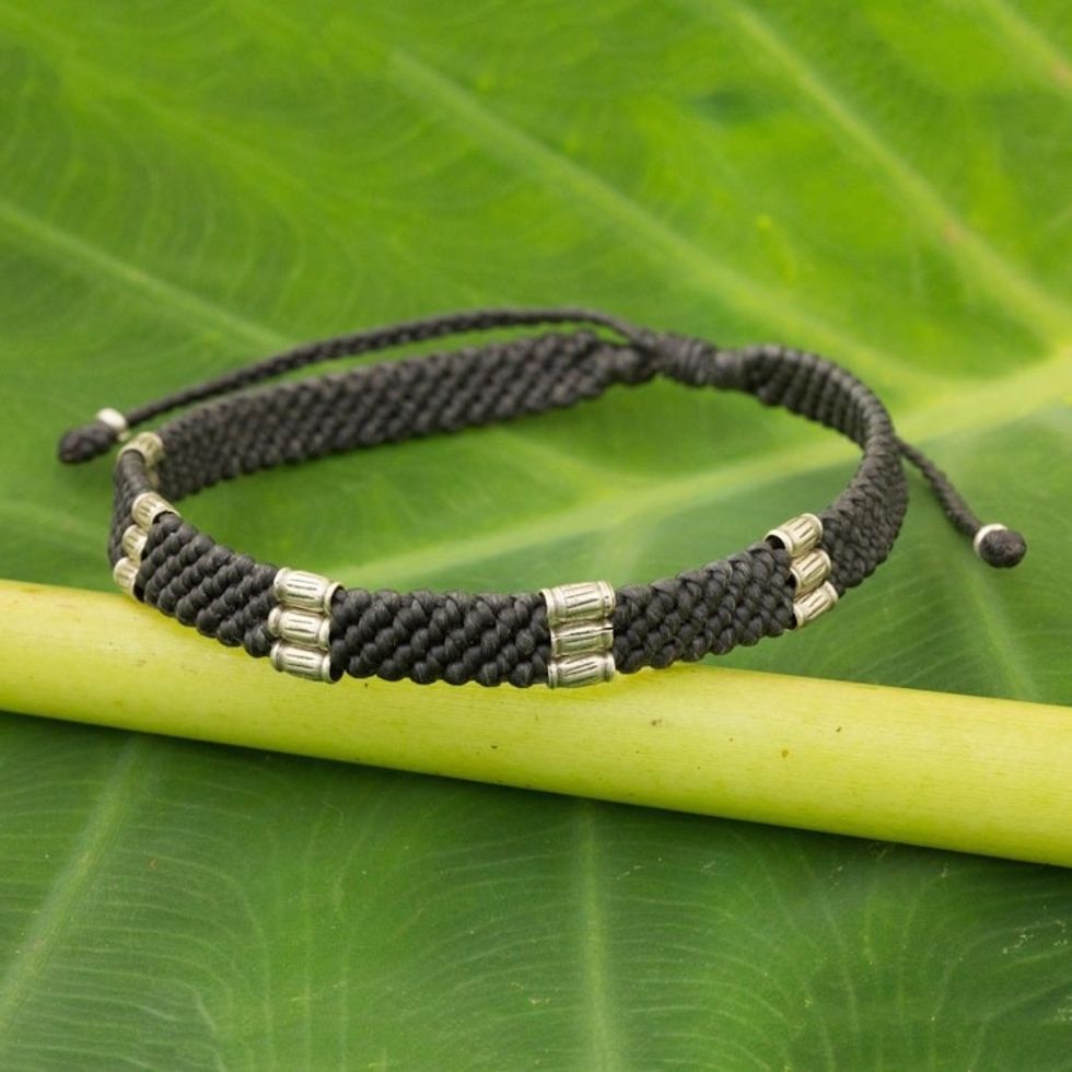 950 Silver Accent Wristband Bracelet from Thailand 'Karen Bamboo in Charcoal'
