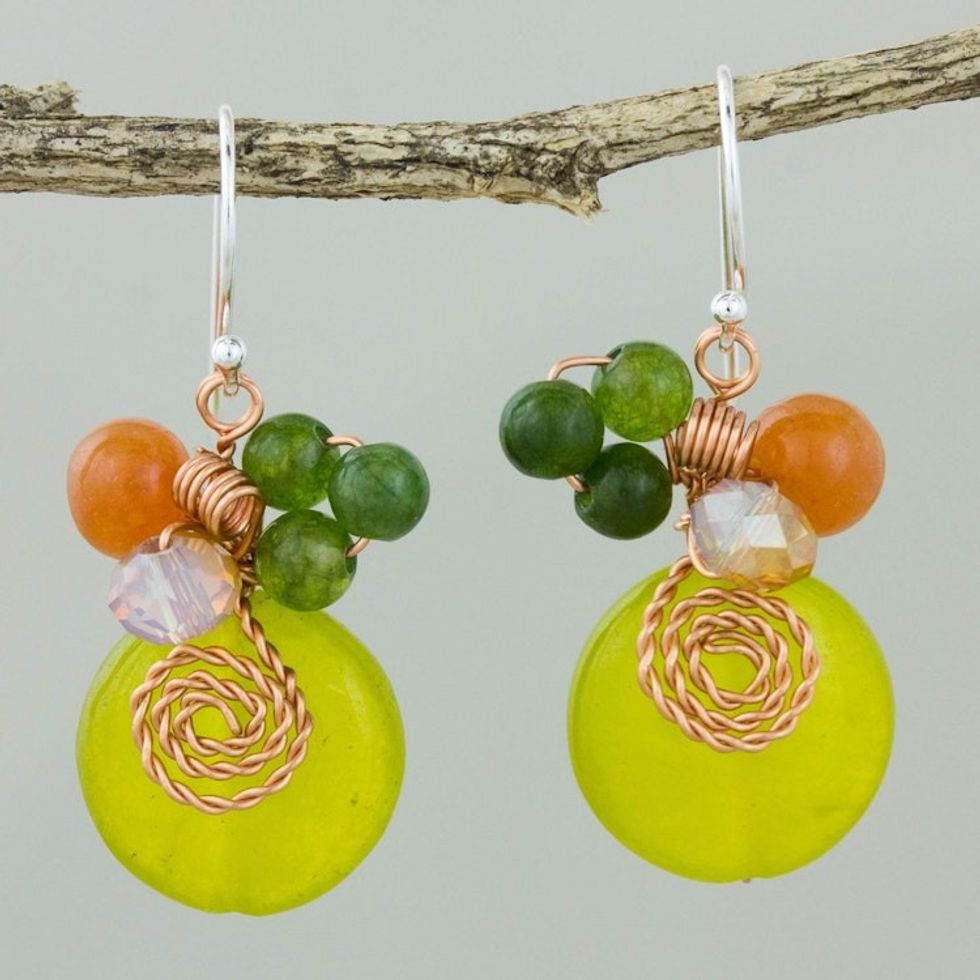 Lemon Quartz and Glass Bead Dangle Earrings with Copper 'Sweet Temptation'