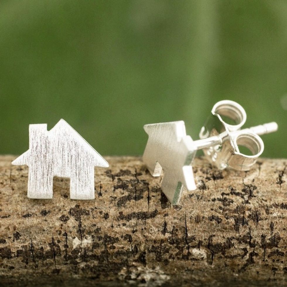Brushed Silver Earrings in House Shape from Thai Artisan 'Home Sweet Home'