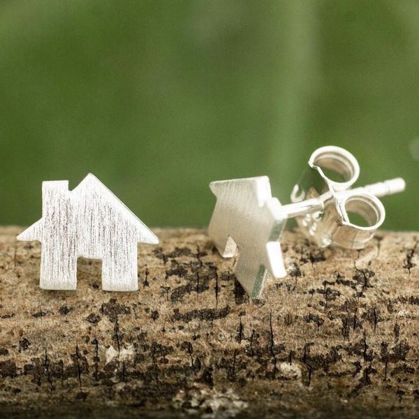 Alternate image for Brushed Silver Earrings in House Shape from Thai Artisan Home Sweet Home