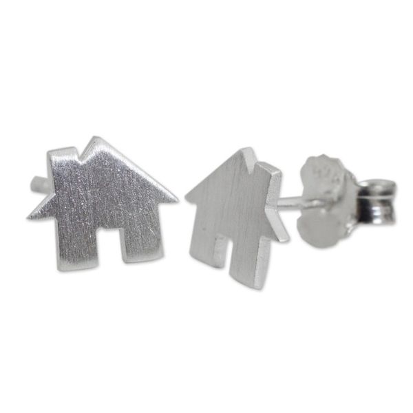 Alternate image for Brushed Silver Earrings in House Shape from Thai Artisan Home Sweet Home