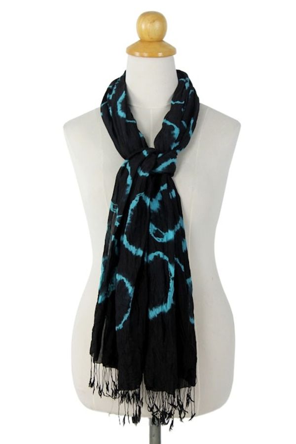 Alternate image for Black Blue Tie-dye Silk Scarf Crafted by Hand in Thailand Licorice Dance