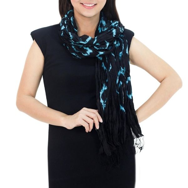 Alternate image for Black Blue Tie-dye Silk Scarf Crafted by Hand in Thailand Licorice Dance