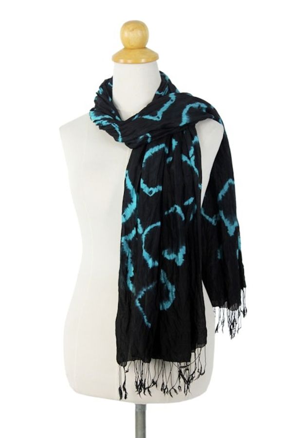 Alternate image for Black Blue Tie-dye Silk Scarf Crafted by Hand in Thailand Licorice Dance