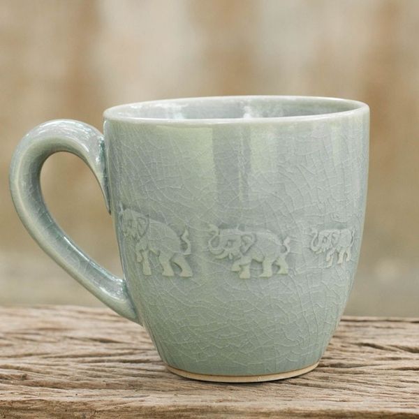 Alternate image for Light Blue Elephant Theme Celadon Ceramic Mug Blue Elephant Walk