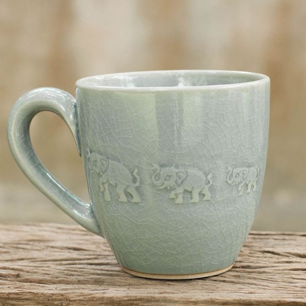 Light Blue Elephant Theme Celadon Ceramic Mug 'Blue Elephant Walk'