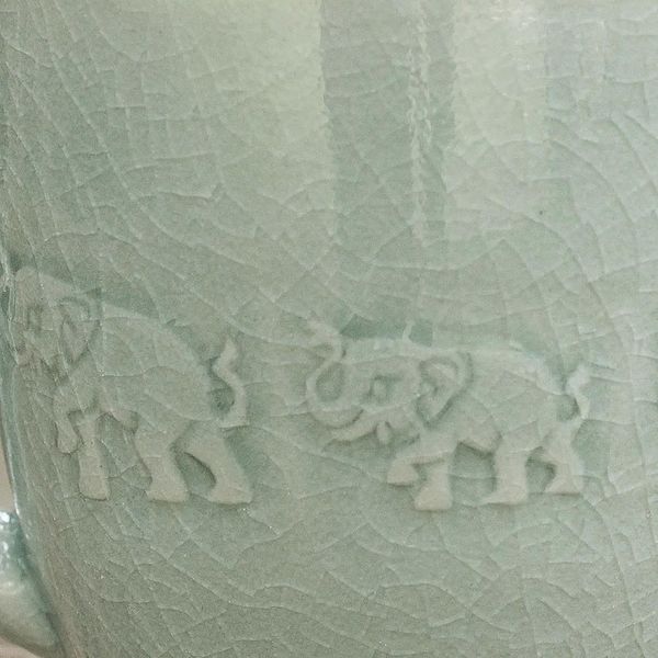 Alternate image for Light Blue Elephant Theme Celadon Ceramic Mug Blue Elephant Walk