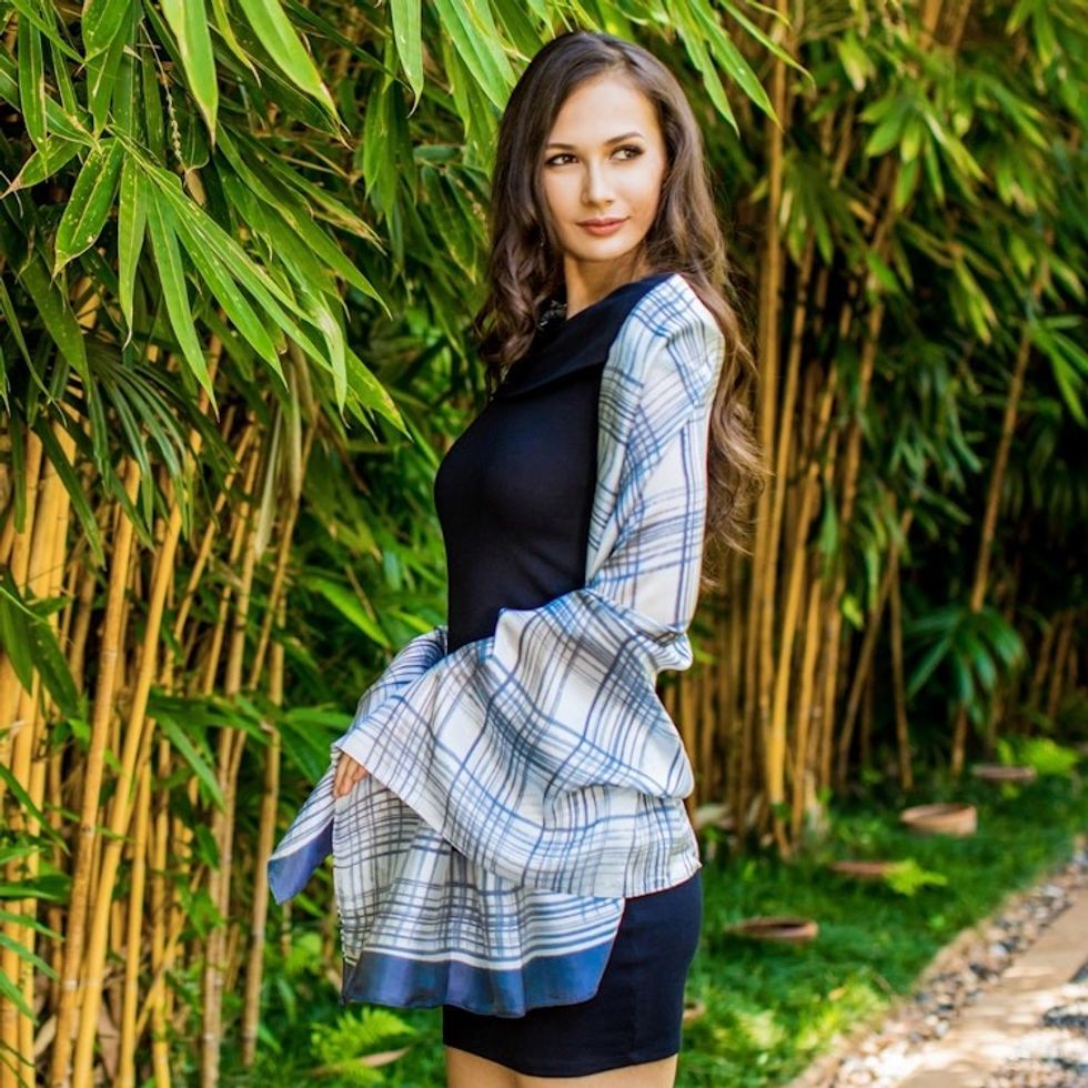 Artisan Crafted Thai Silk Blend Shawl in Grey on White 'Grey Plaid Batik'