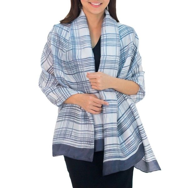 Alternate image for Artisan Crafted Thai Silk Blend Shawl in Grey on White Grey Plaid Batik