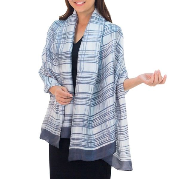 Alternate image for Artisan Crafted Thai Silk Blend Shawl in Grey on White Grey Plaid Batik