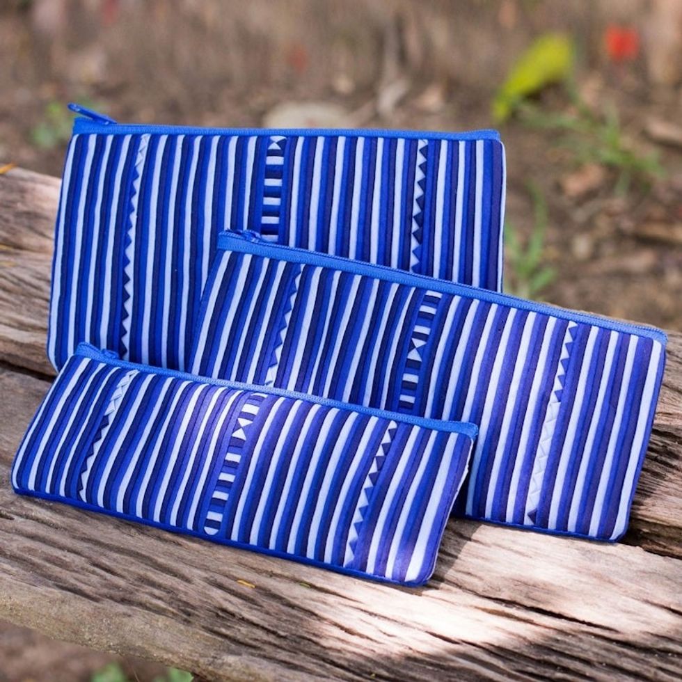 Thai Blue and White Cotton Blend Travel Cases Set of 3 'Blue Lisu Chic'