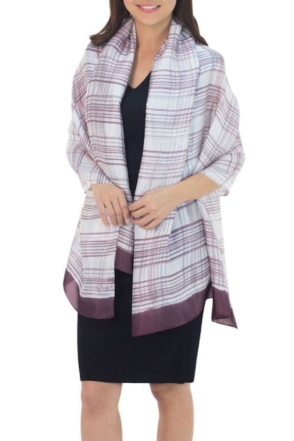 Alternate image for Artisan Crafted Balinese Silk Blend Shawl in Purple on White Mangosteen Plaid Batik
