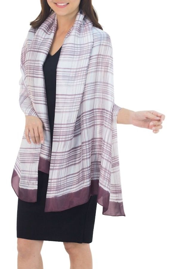 Alternate image for Artisan Crafted Balinese Silk Blend Shawl in Purple on White Mangosteen Plaid Batik