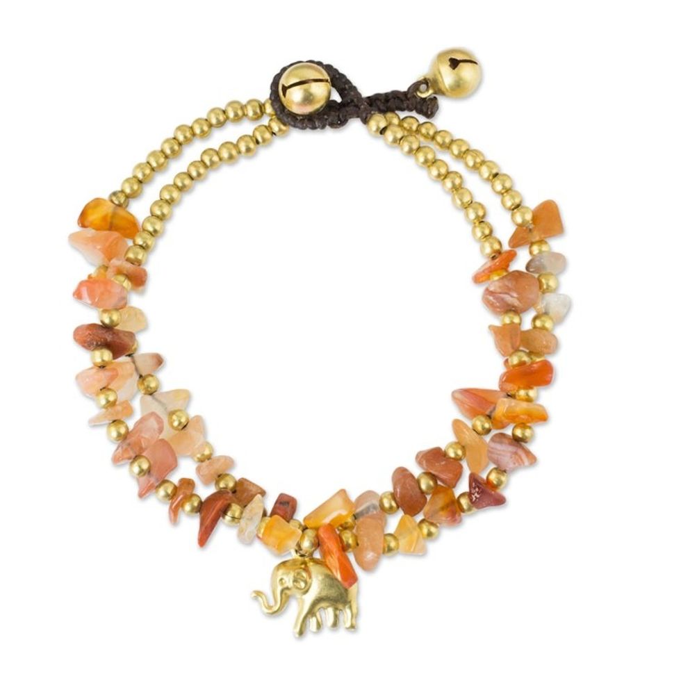 Carnelian and Brass Beaded Elephant Bracelet from Thailand 'Bright Elephant'