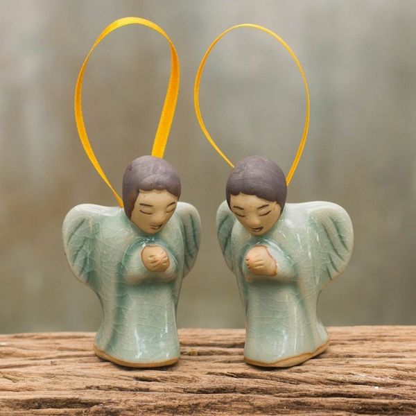 Alternate image for Two Handcrafted Thai Celadon Ceramic Angel Ornaments Angels at Prayer