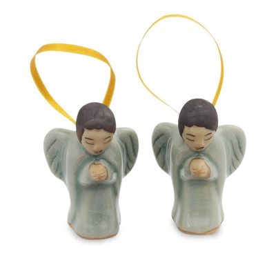 Alternate image for Two Handcrafted Thai Celadon Ceramic Angel Ornaments Angels at Prayer
