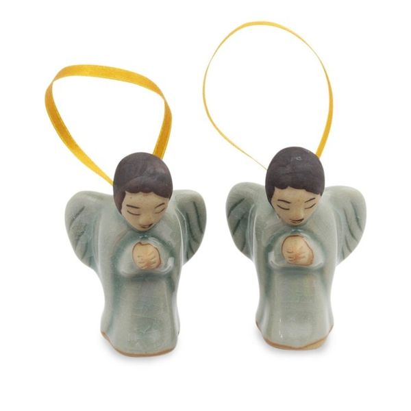 Alternate image for Two Handcrafted Thai Celadon Ceramic Angel Ornaments Angels at Prayer