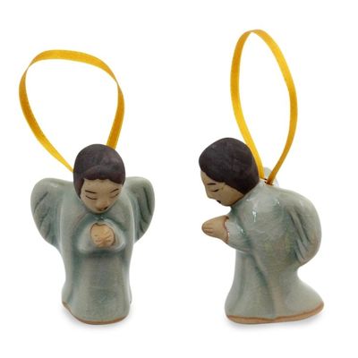 Alternate image for Two Handcrafted Thai Celadon Ceramic Angel Ornaments Angels at Prayer