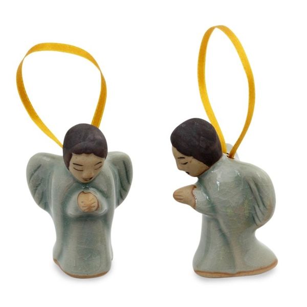 Alternate image for Two Handcrafted Thai Celadon Ceramic Angel Ornaments Angels at Prayer
