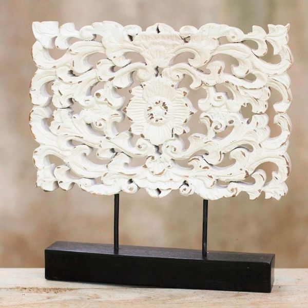 Alternate image for Hand Carved Whitewashed Wood Flower Relief Sculpture White Floral Magnificence