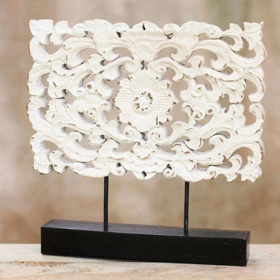 Hand Carved Whitewashed Wood Flower Relief Sculpture 'White Floral Magnificence'