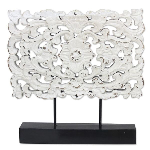 Alternate image for Hand Carved Whitewashed Wood Flower Relief Sculpture White Floral Magnificence