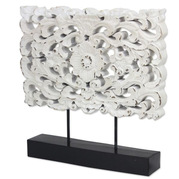 Alternate image for Hand Carved Whitewashed Wood Flower Relief Sculpture White Floral Magnificence