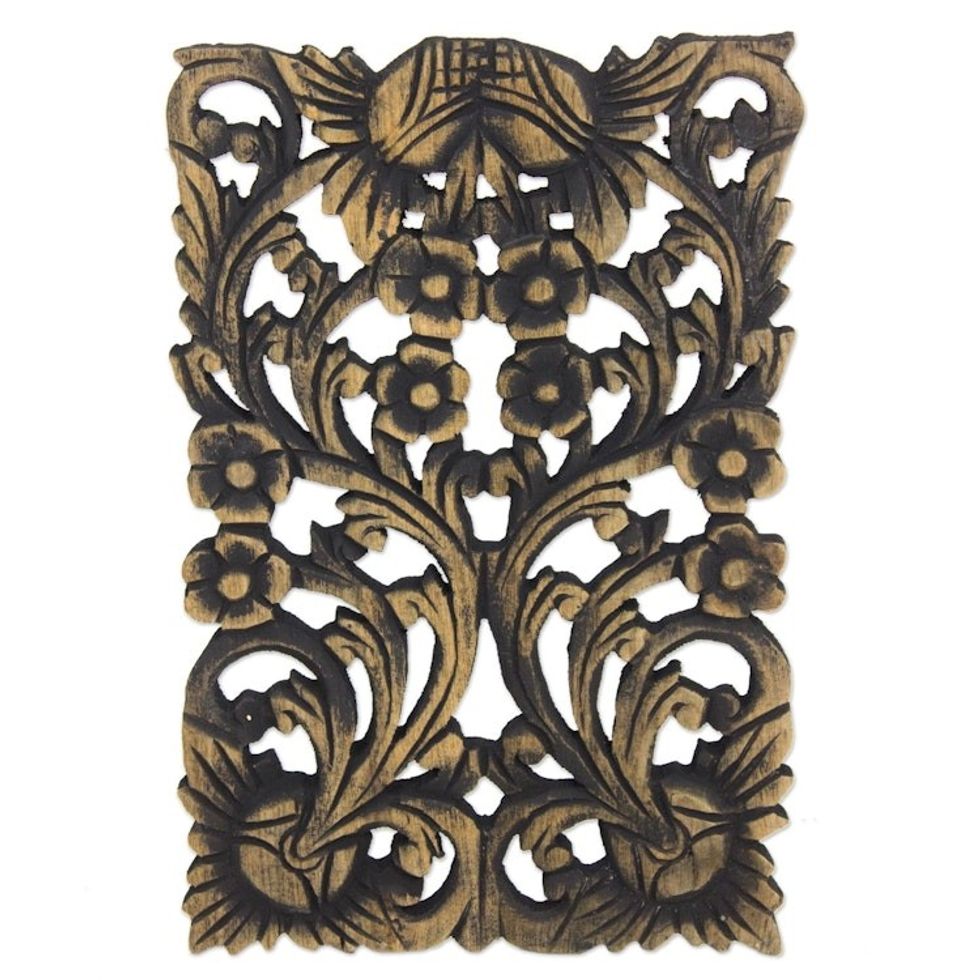 Artisan Crafted Teak Wood Floral Wall Relief Panel 'Thai Daisy'