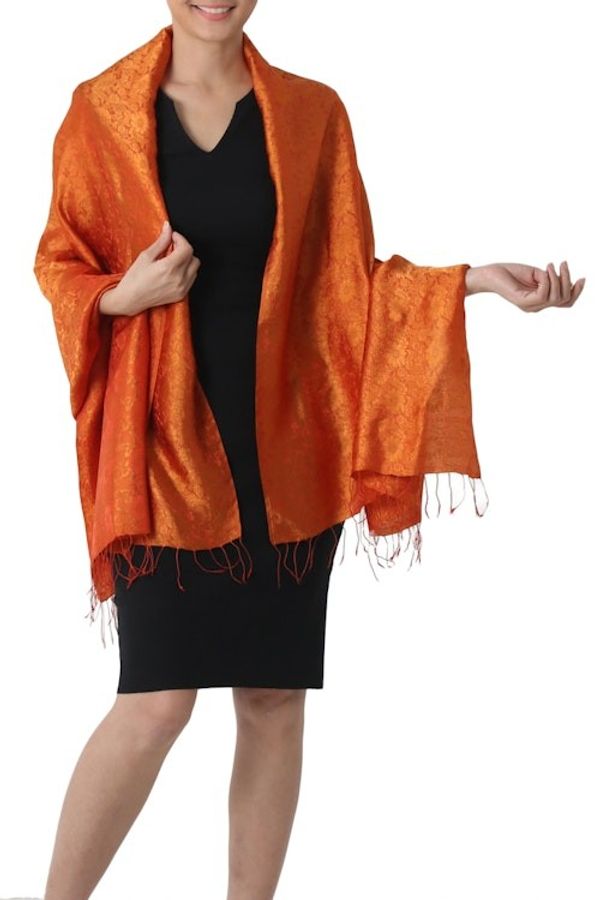 Alternate image for Artisan Crafted Thai Rayon Blend Shawl with Floral Motif Sweet Mandarin
