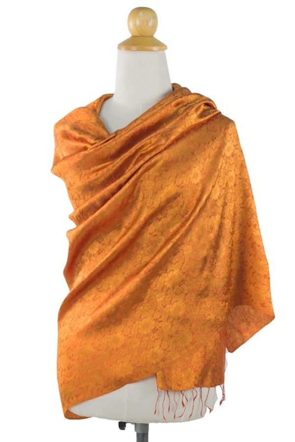 Alternate image for Artisan Crafted Thai Rayon Blend Shawl with Floral Motif Sweet Mandarin