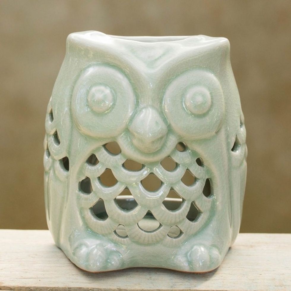 Artisan Crafted Ceramic Owl Oil Warmer from Thailand 'Cozy Owl in Green'
