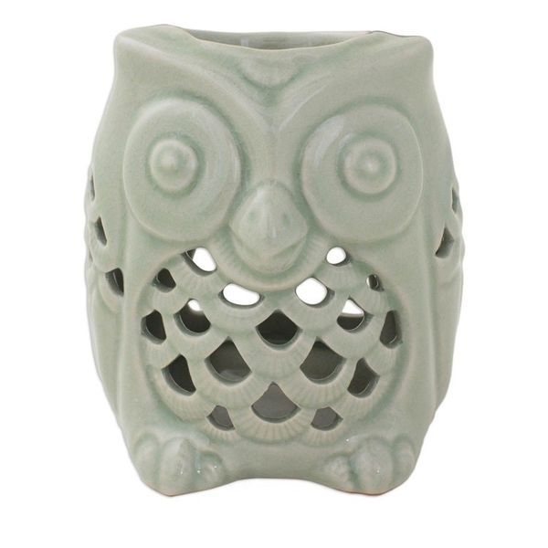Alternate image for Artisan Crafted Ceramic Owl Oil Warmer from Thailand Cozy Owl in Green