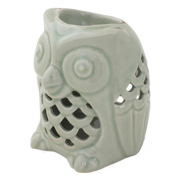 Alternate image for Artisan Crafted Ceramic Owl Oil Warmer from Thailand Cozy Owl in Green