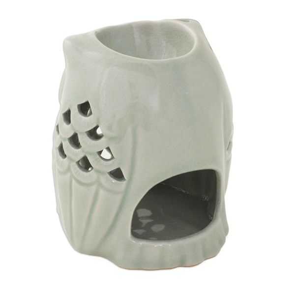 Alternate image for Artisan Crafted Ceramic Owl Oil Warmer from Thailand Cozy Owl in Green