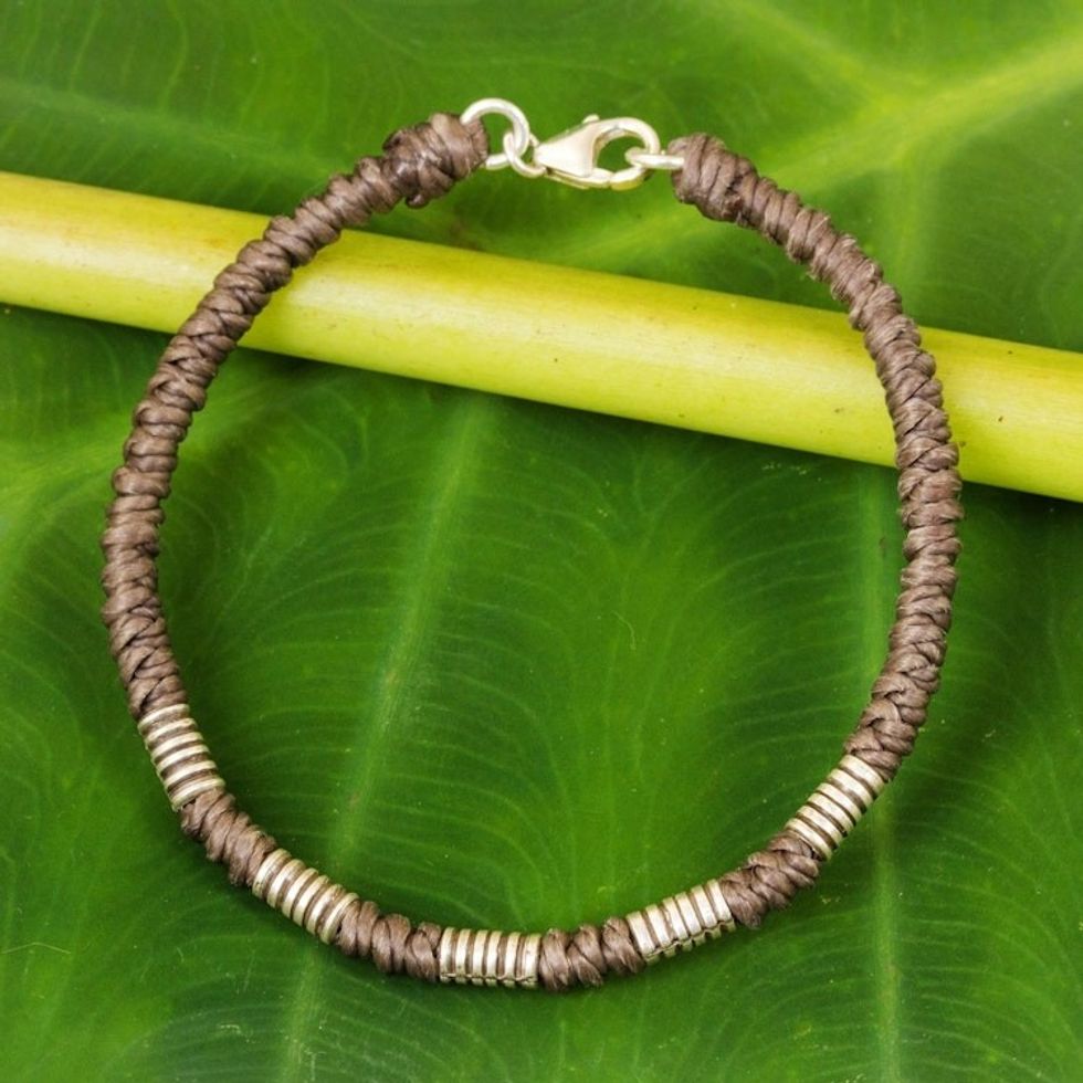 Sterling Silver Wristband Braided Bracelet from Thailand 'Beautiful Jungle in Taupe'
