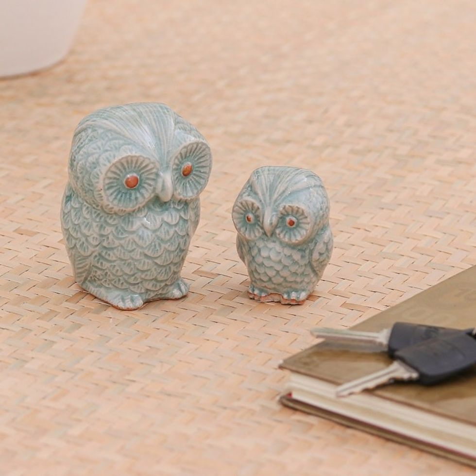 Hand Made Celadon Ceramic Owl Figurines from Thailand Pair 'Little Light Blue Owls'
