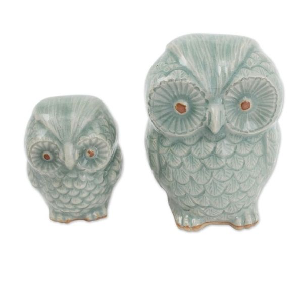 Alternate image for Hand Made Celadon Ceramic Owl Figurines from Thailand Pair Little Light Blue Owls