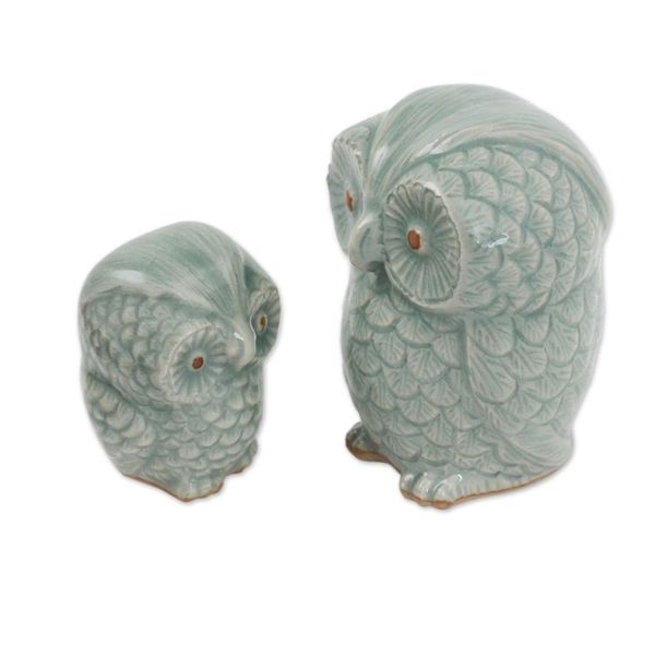 Alternate image for Hand Made Celadon Ceramic Owl Figurines from Thailand Pair Little Light Blue Owls