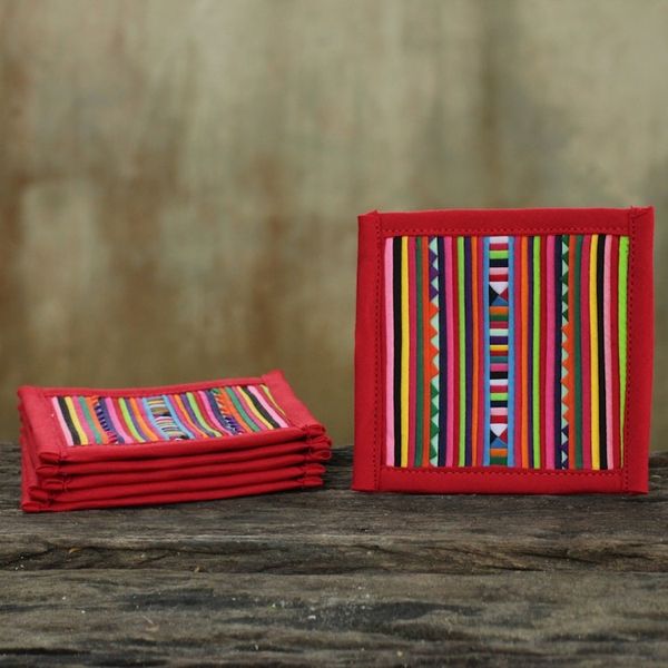 Alternate image for Thai Hill Tribe Cotton Patchwork Coasters Set of 6 Lahu Red