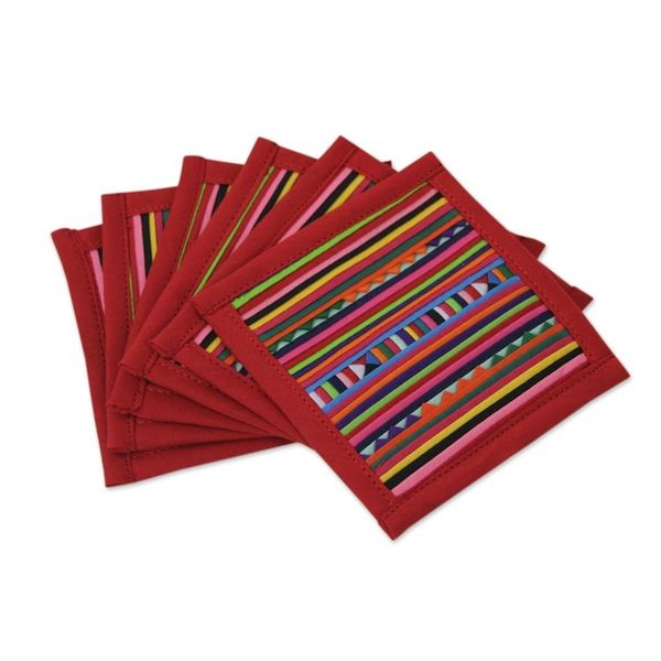 Alternate image for Thai Hill Tribe Cotton Patchwork Coasters Set of 6 Lahu Red