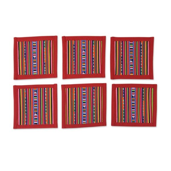 Alternate image for Thai Hill Tribe Cotton Patchwork Coasters Set of 6 Lahu Red