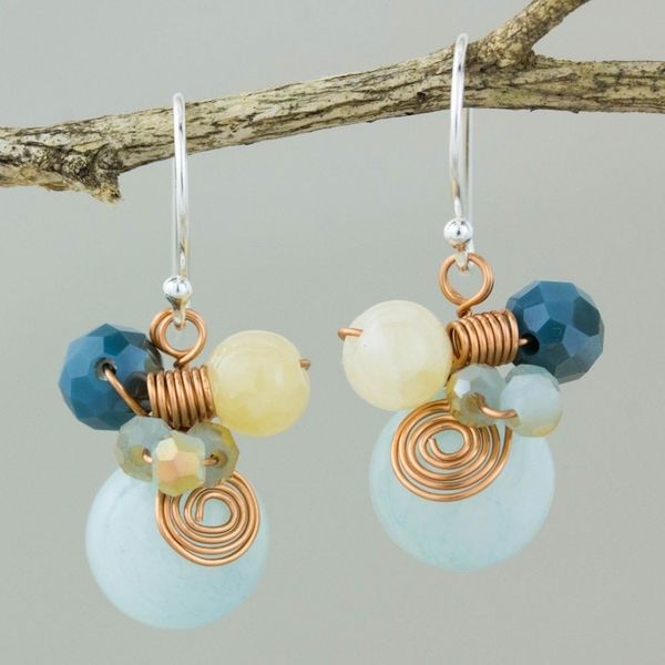 Alternate image for Light Blue Quartz and Glass Bead Dangle Earrings with Copper Blue Bubbles