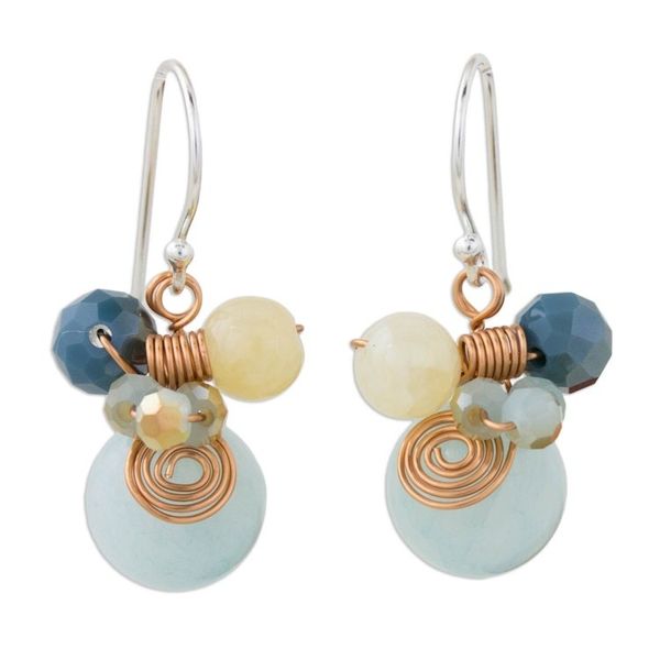 Alternate image for Light Blue Quartz and Glass Bead Dangle Earrings with Copper Blue Bubbles