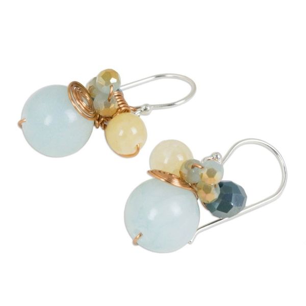 Alternate image for Light Blue Quartz and Glass Bead Dangle Earrings with Copper Blue Bubbles