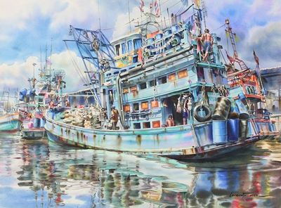 Alternate image for Realistic Watercolor Painting of Thai Fishing Boats Chaao-Lay Way of Life I